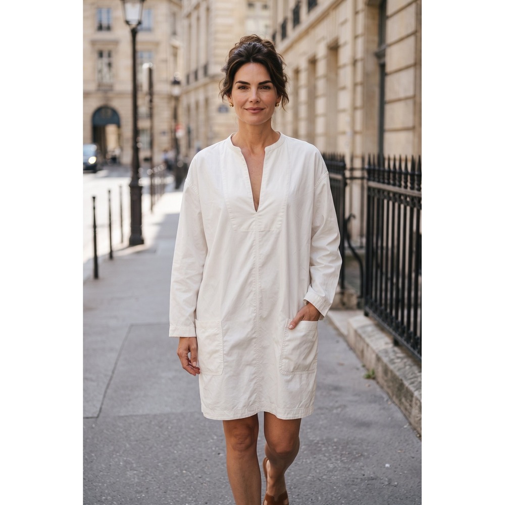 Everlane Womens XL Bone Cotton Popover Shirt Dress V-Neck Long Sleeve Tunic